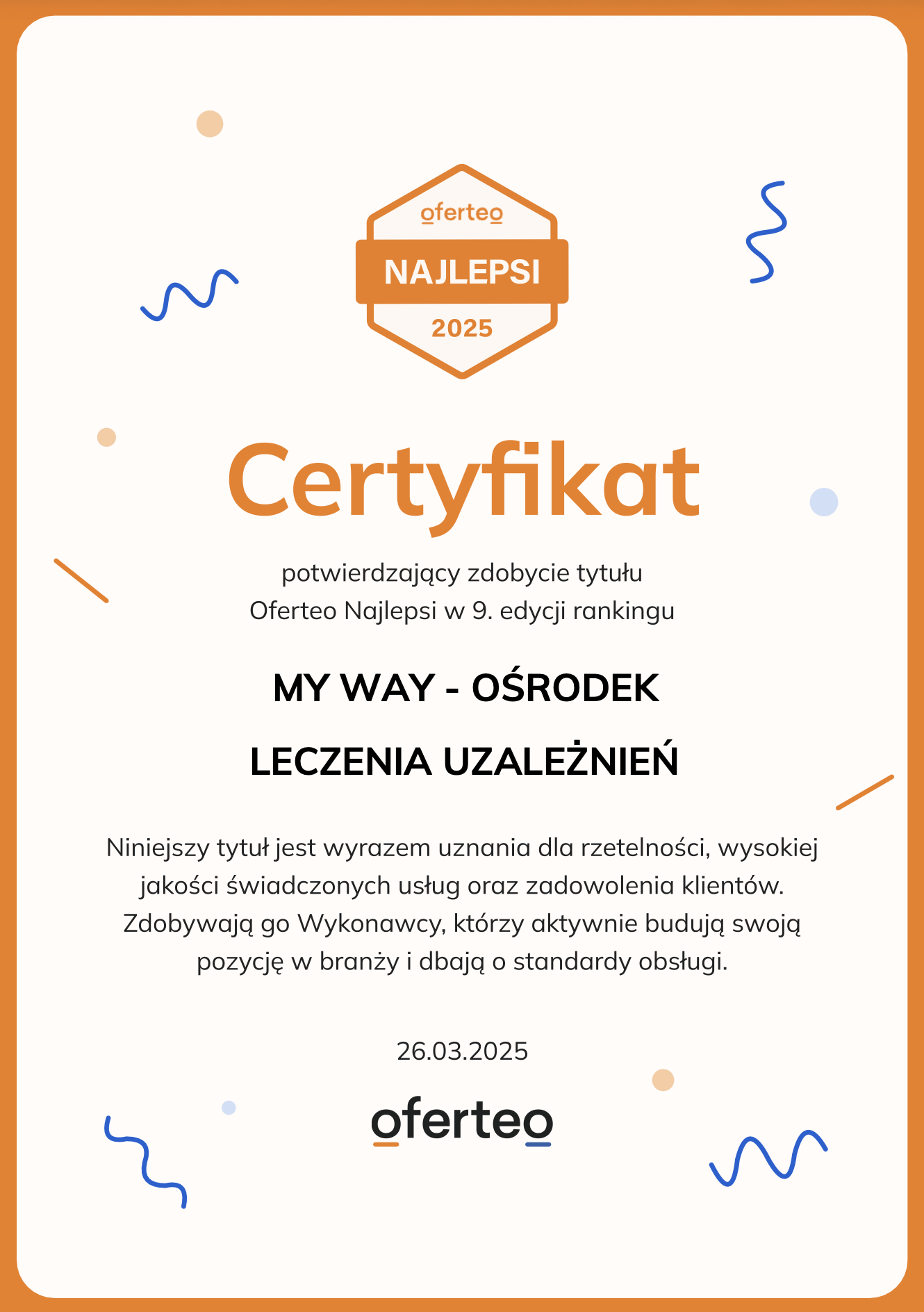 Certyfikat Oferteo Najlepsi 2025 - Ośrodek MyWay